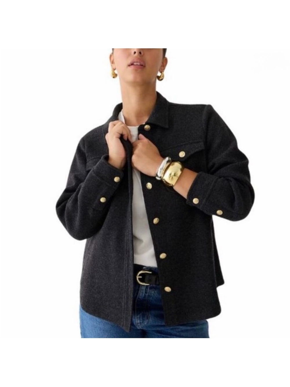 J. Crew char grey heather Wool-Blend shirt Jacket with Gold Buttons